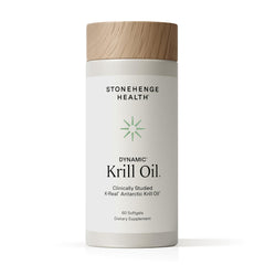 Stonehenge Health Dynamic Krill Oil bottle front; easy daily omega-3 for heart and brain support.
