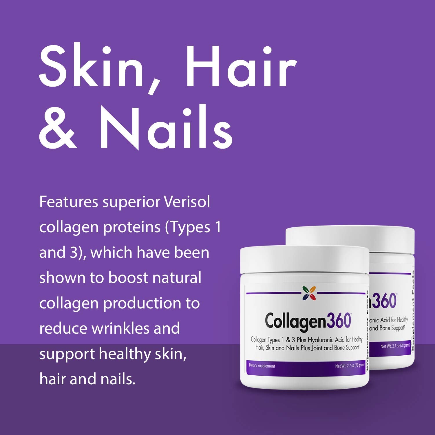 Collagen360 Hyaluronic Acid powder packaging with scoop