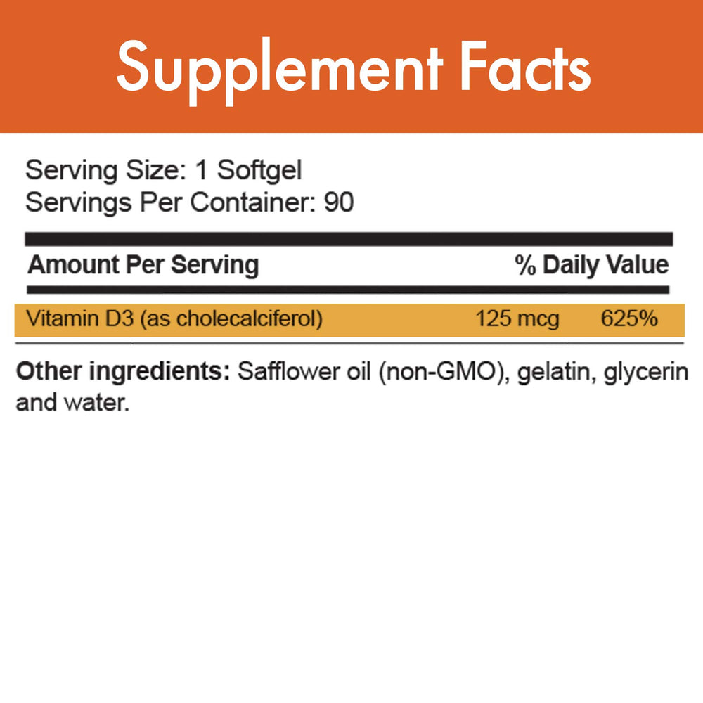 D-Pure Vitamin D3 5000 IU label close-up showing 125 mcg per softgel