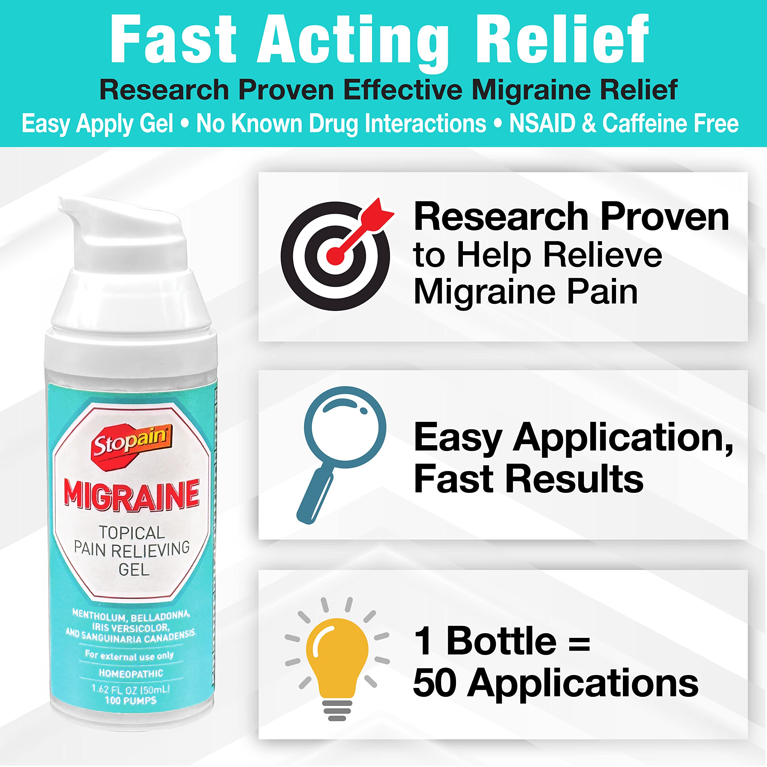 Stopain Migraine Gel Pump application closeup demonstrates quick, targeted topical use.