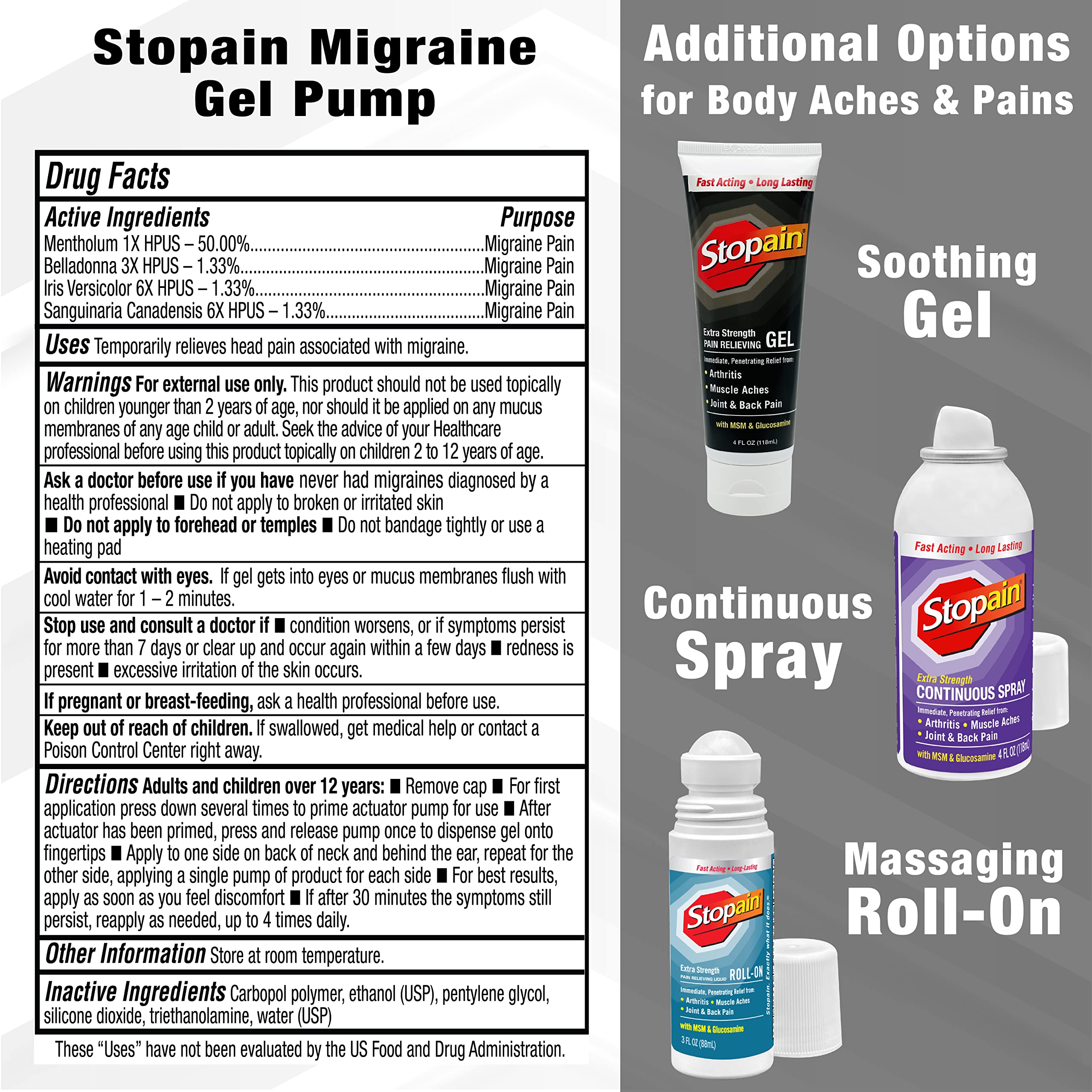 Stopain Migraine Gel Pump travel case ready for on-the-go relief.