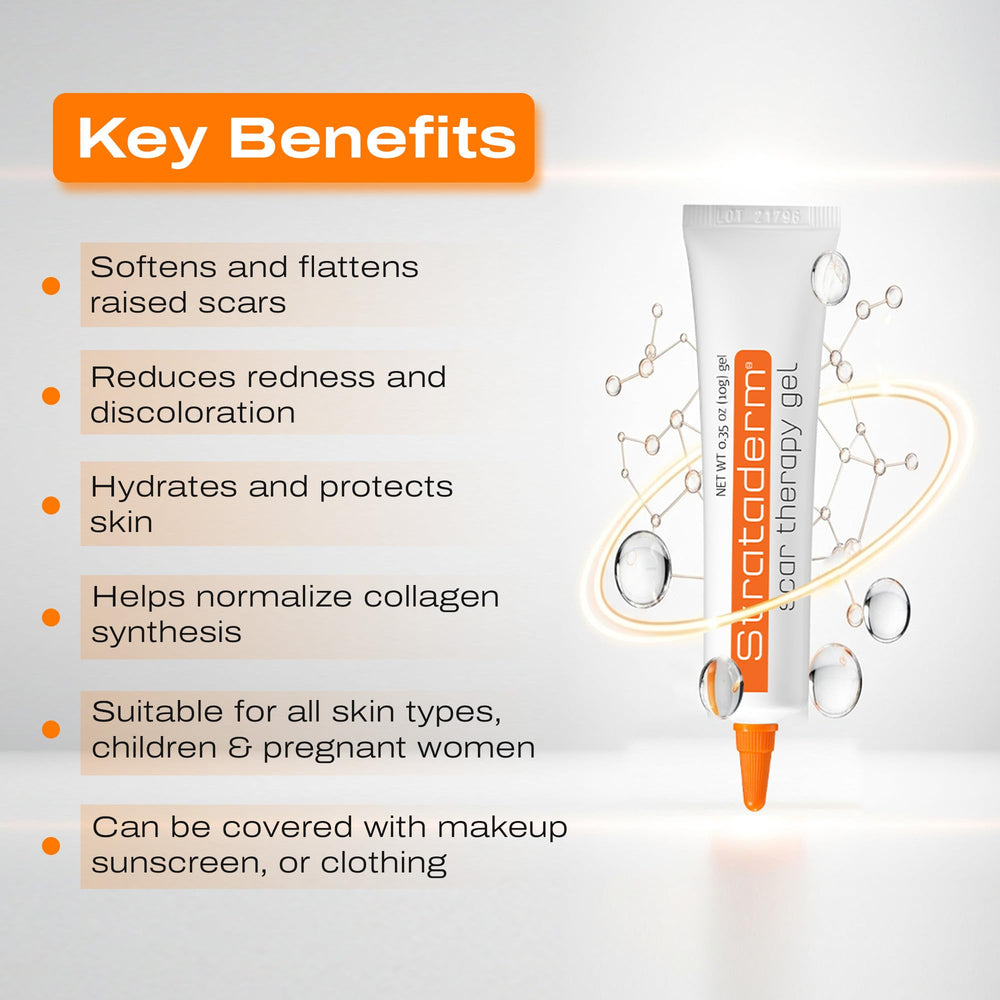 Strataderm scar gel box and tube indicates a long-lasting 10g supply.