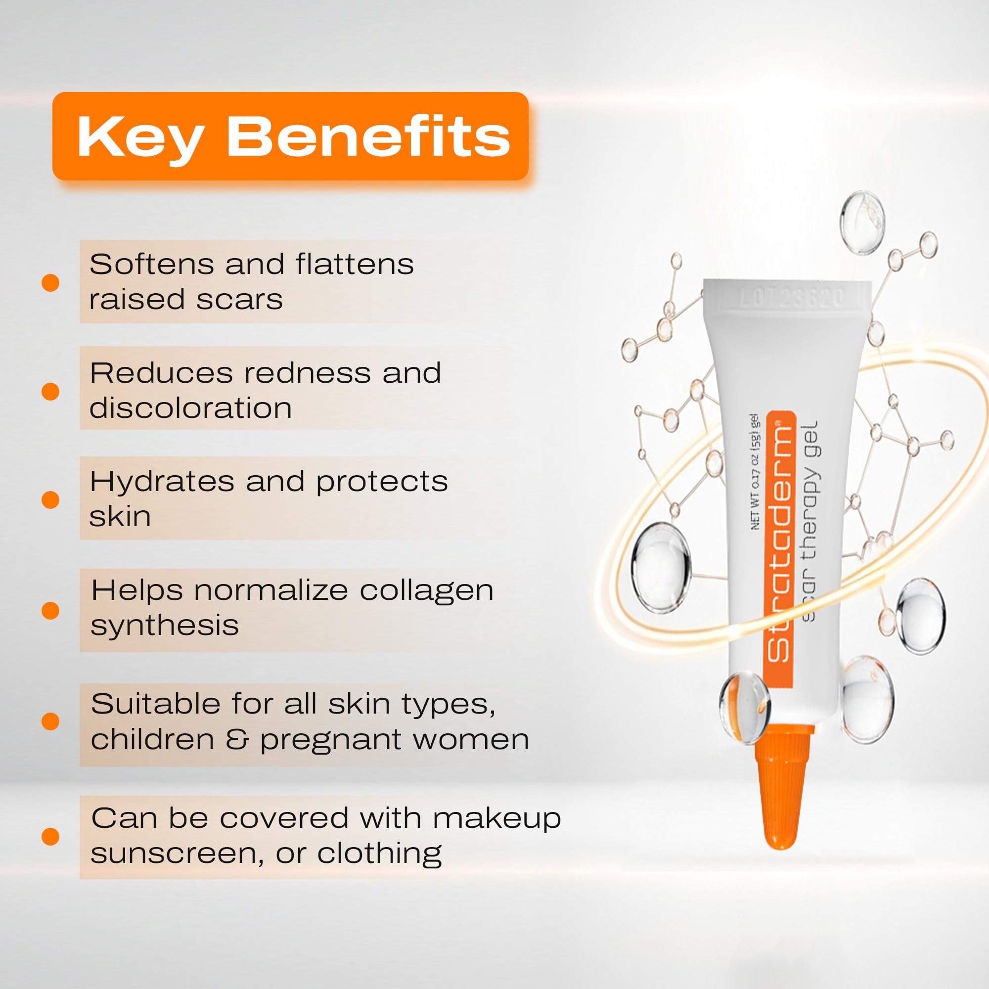 Strataderm Professional Scar Gel swatch on skin shows even, translucent layer.