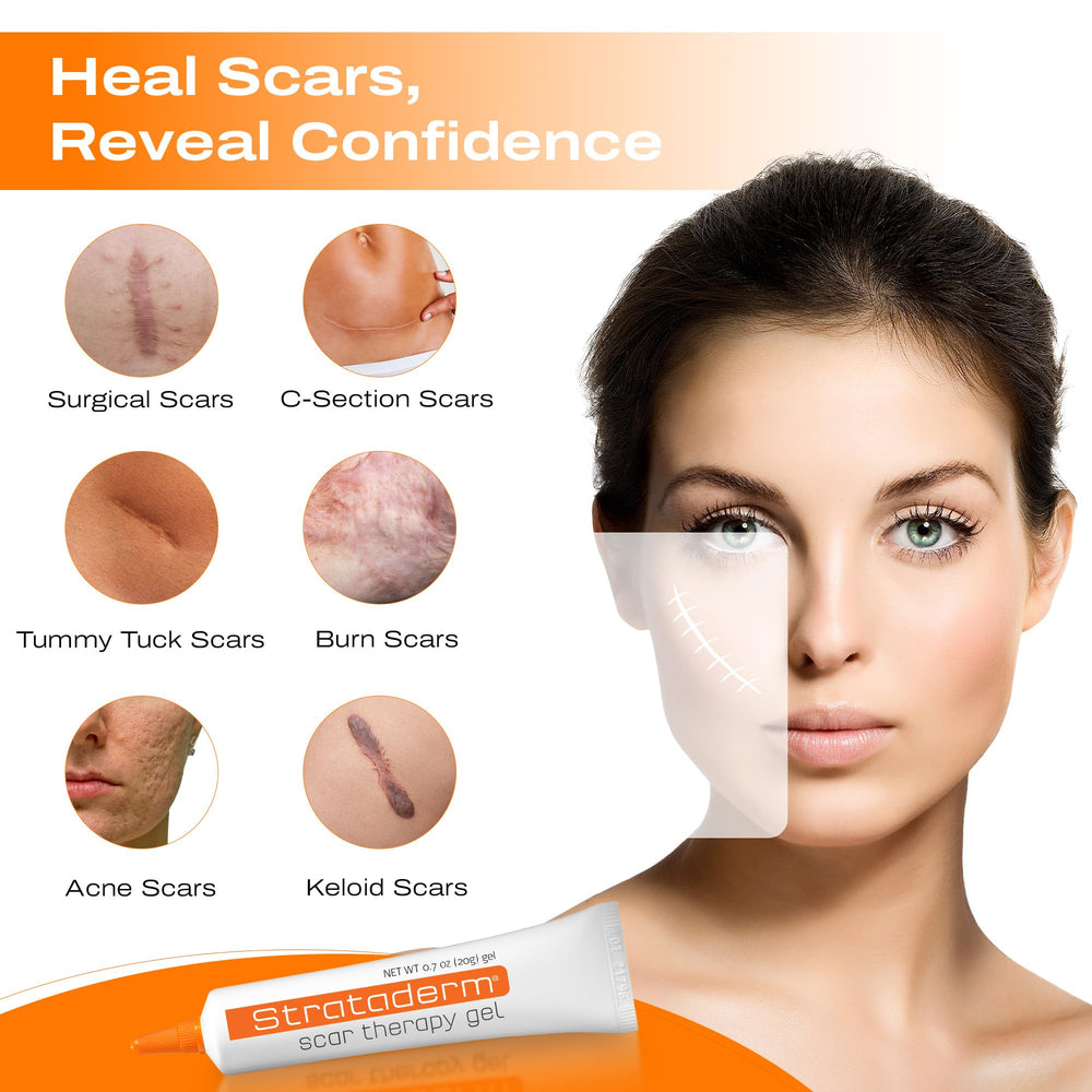 Strataderm Scar Gel 20g tube shown for convenient long-term scar care