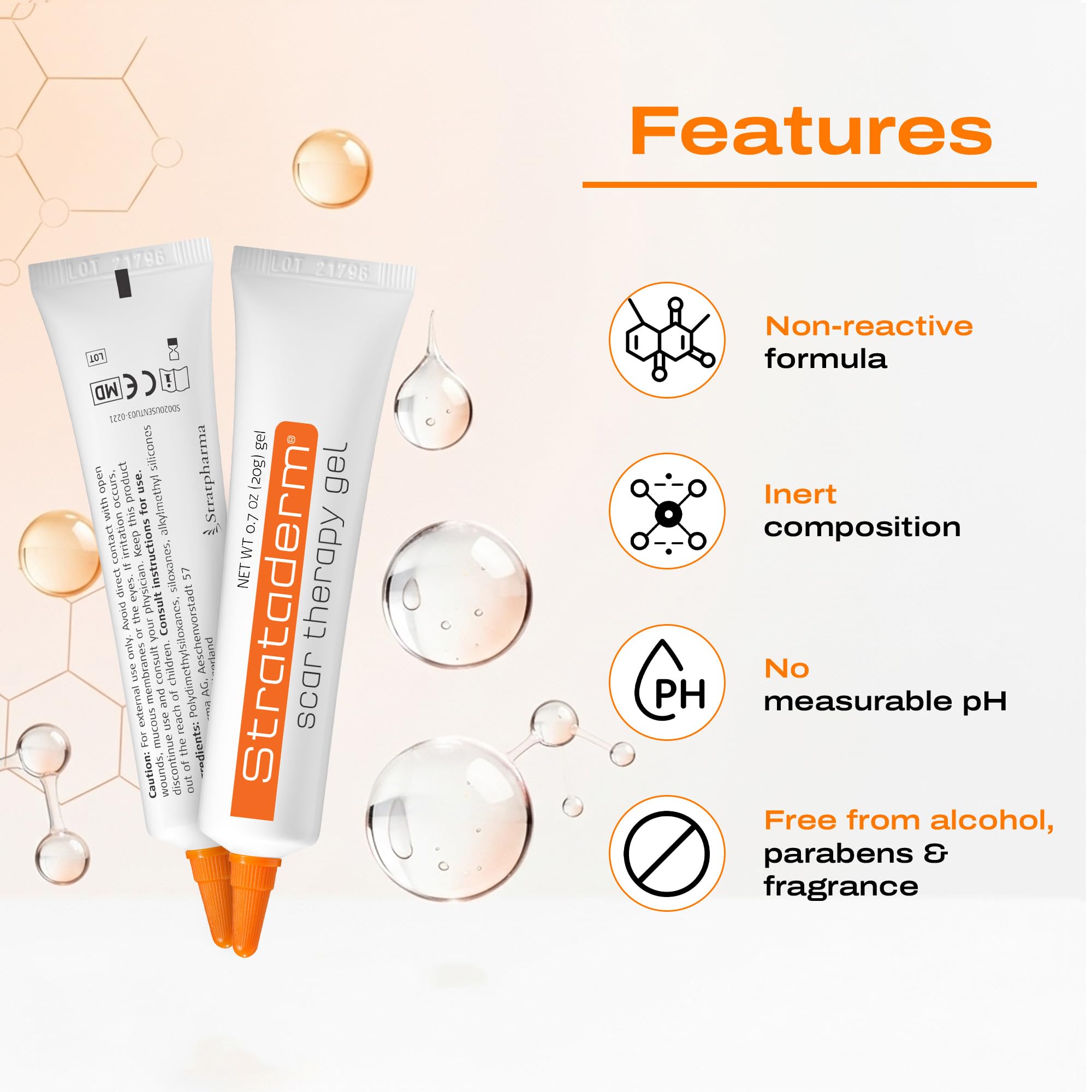 Strataderm Scar Gel close-up showing a clear film on skin