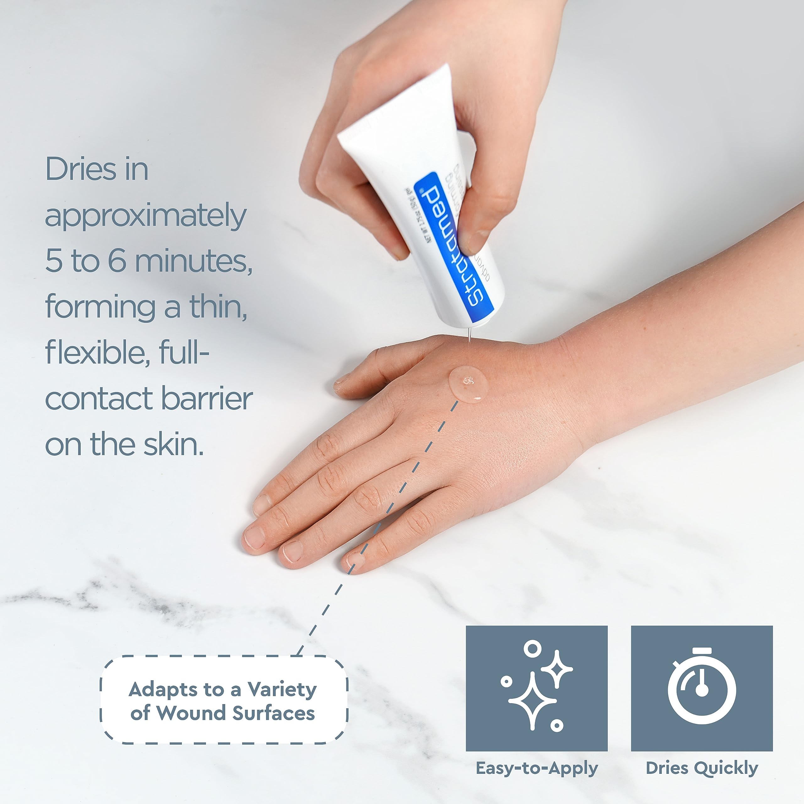 Stratamed self-drying gel layer on skin demonstrating moisture retention for healing comfort.