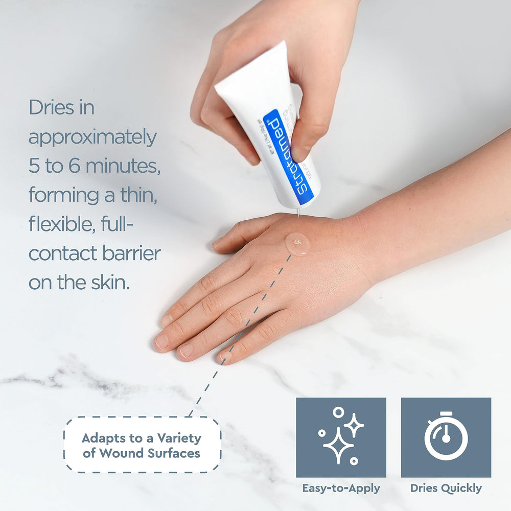 Stratamed transparent dressing on skin demonstrates flexible coverage for varied wound surfaces.