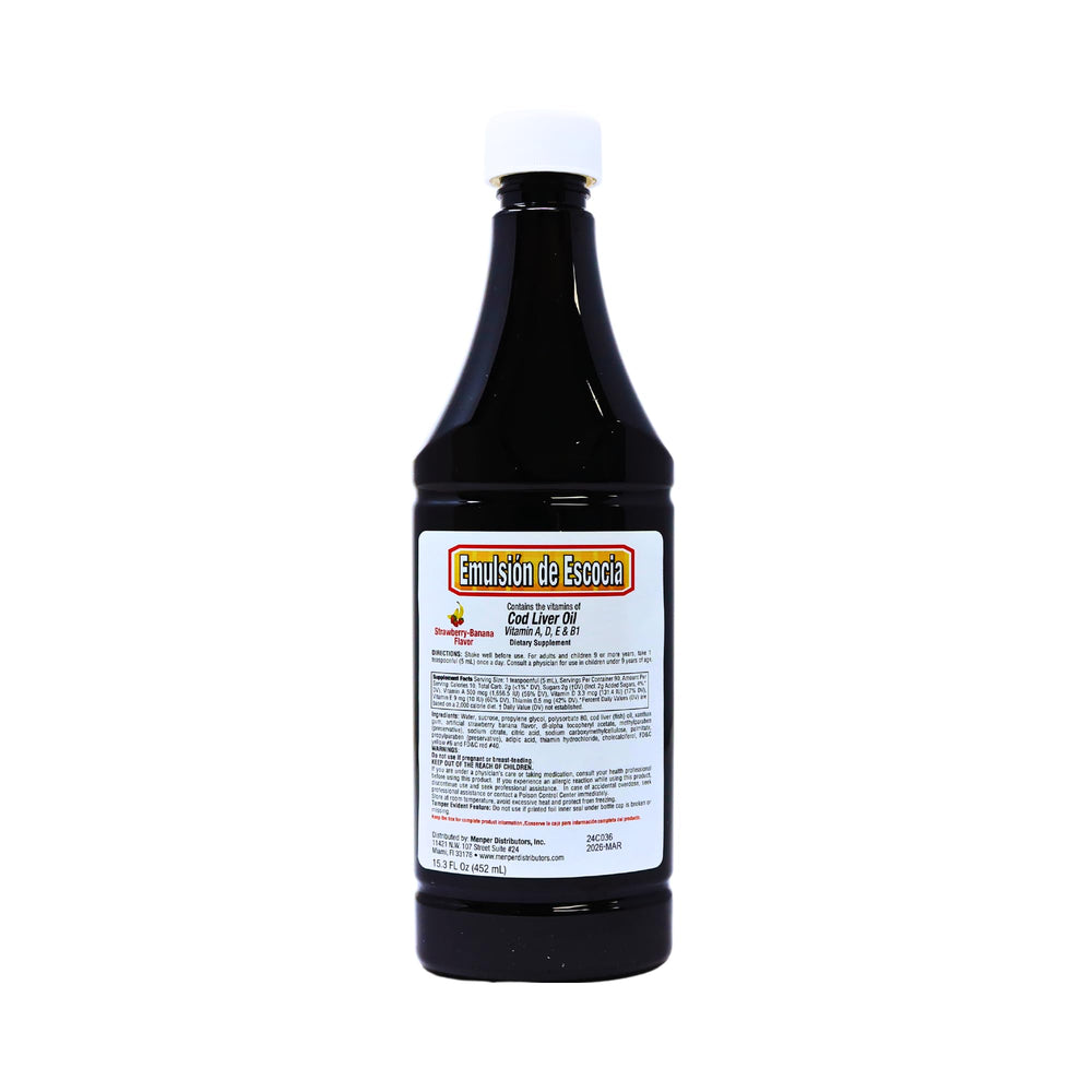 Strawberry-banana flavored cod liver oil bottle