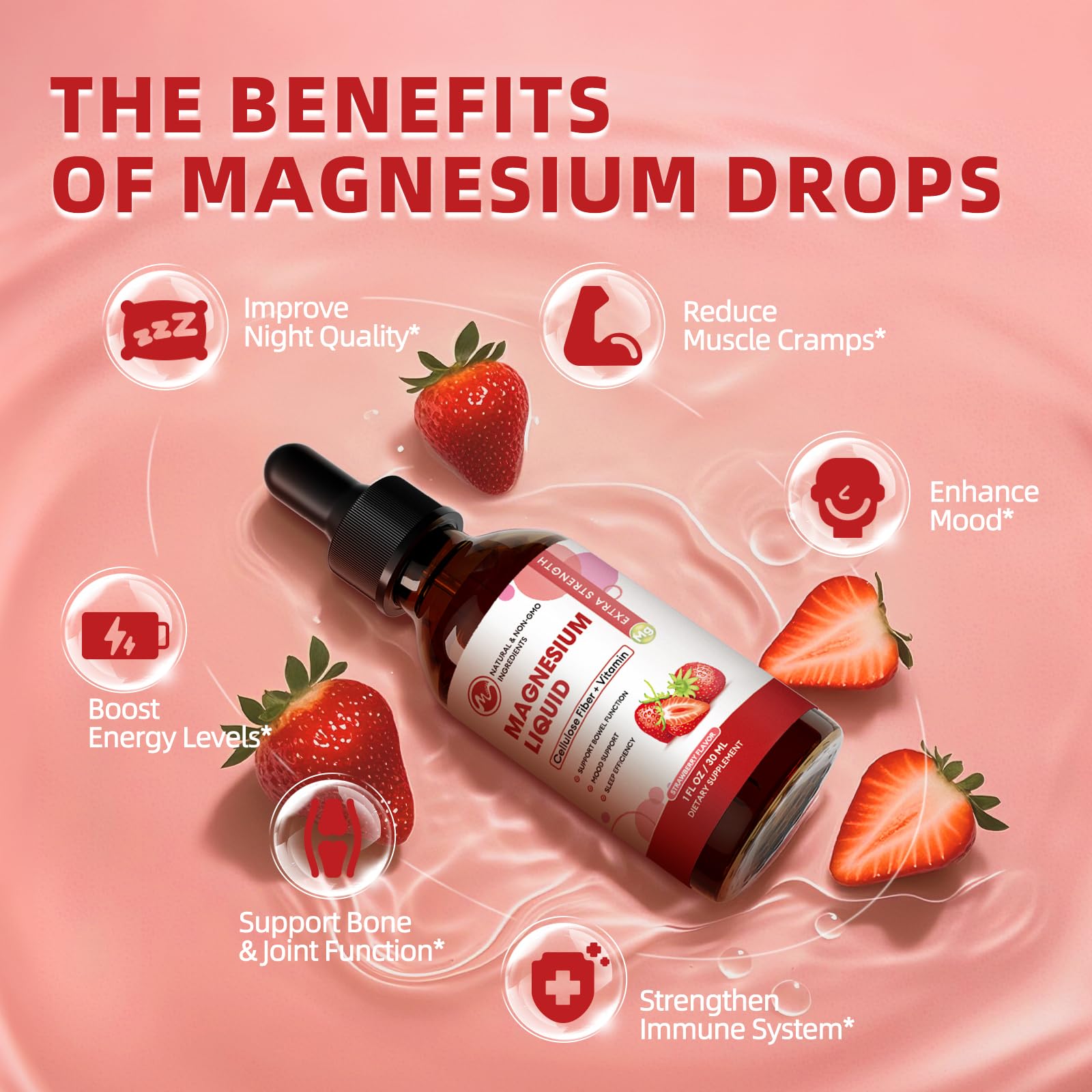 Strawberry flavored magnesium liquid drops being dispensed (1 ml)
