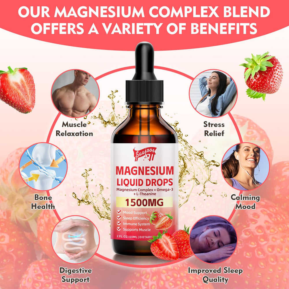 Top view of strawberry-flavored liquid magnesium bottle with dropper
