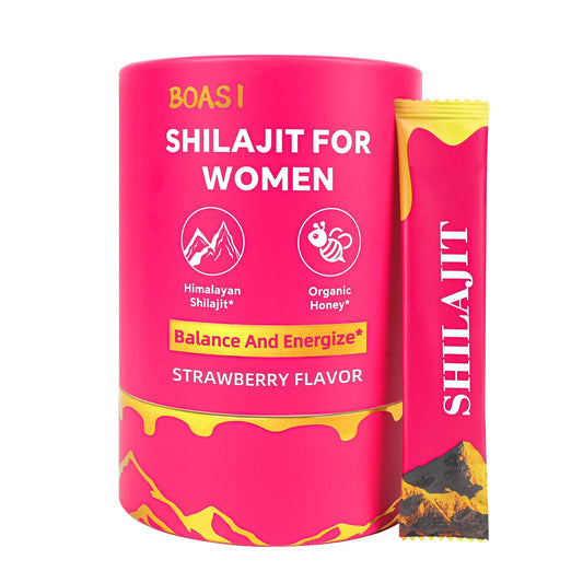 Strawberry Shilajit Honey Stick sachets for women on a white background