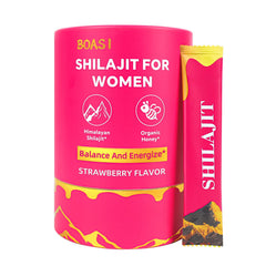 Strawberry Shilajit Honey Stick sachets for women on a white background