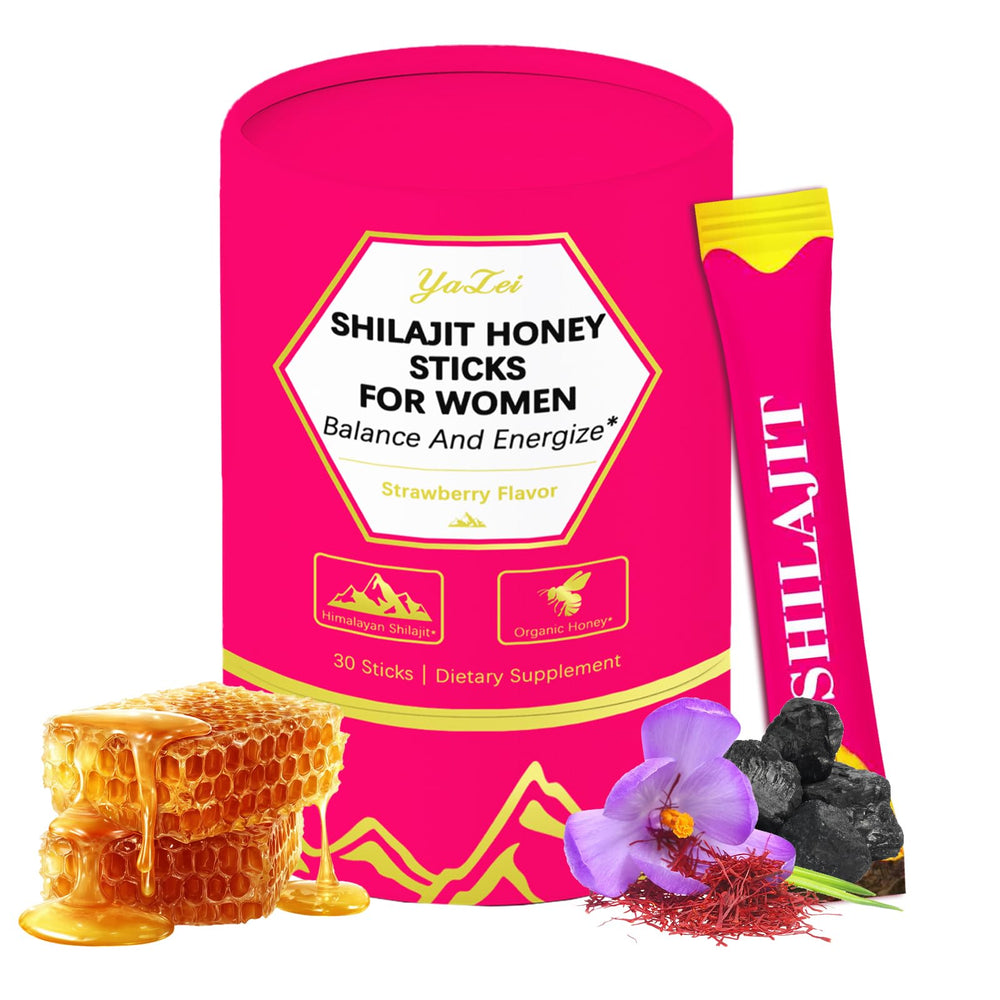 Strawberry Shilajit Honey Sticks for Women packaging and sticks