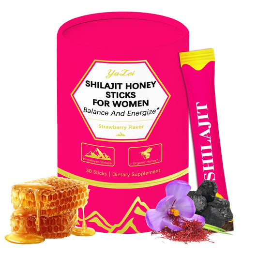 Strawberry Shilajit Honey Sticks for Women packaging and sticks