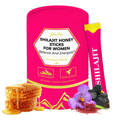 Strawberry Shilajit Honey Sticks for Women packaging and sticks