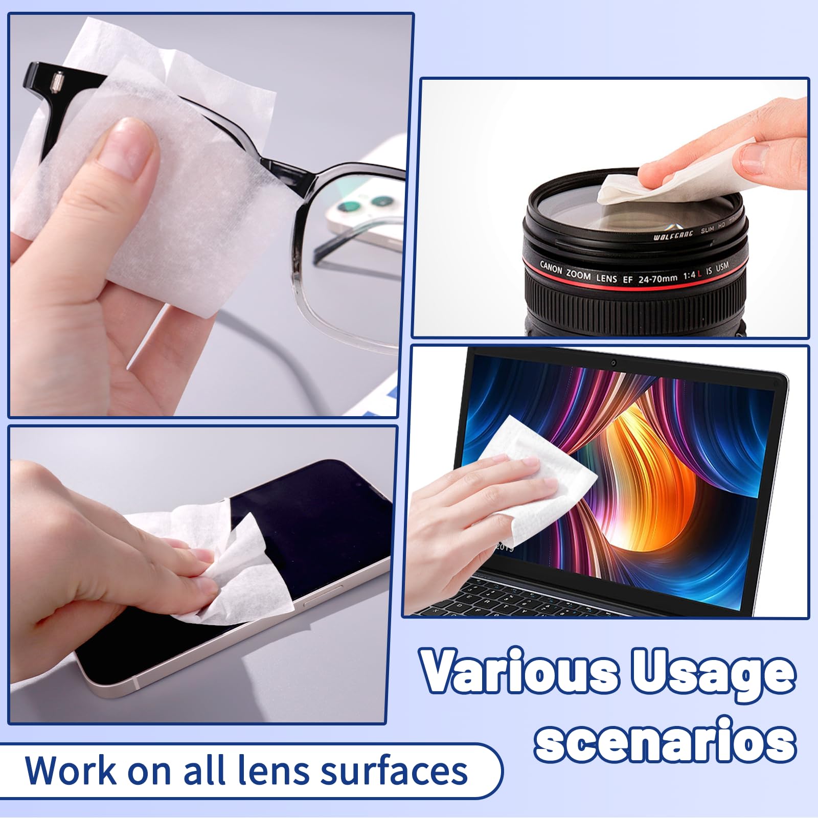 Streak-free cleaning formula on lens wipes