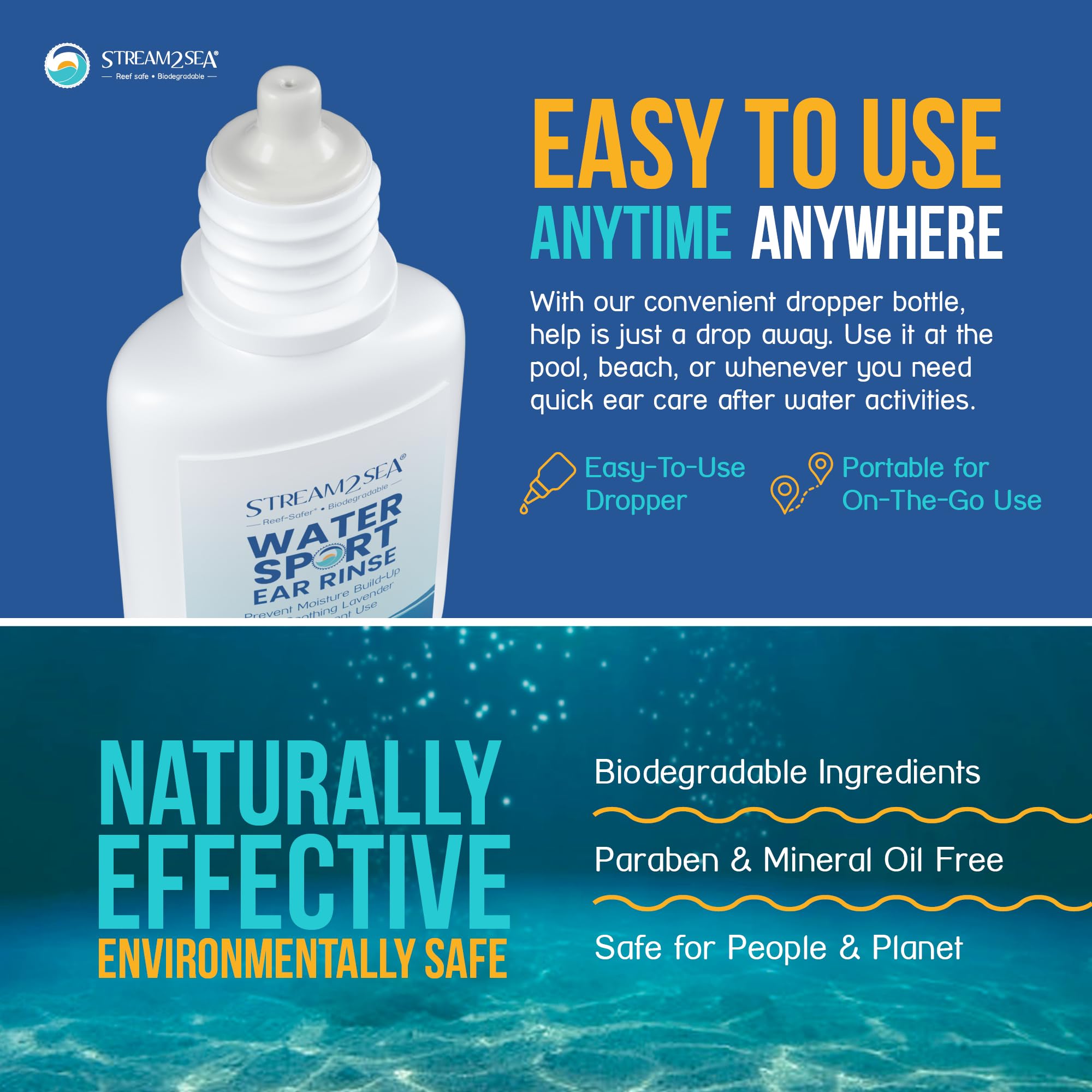 Stream2Sea biodegradable formula label emphasizes planet-friendly skincare.
