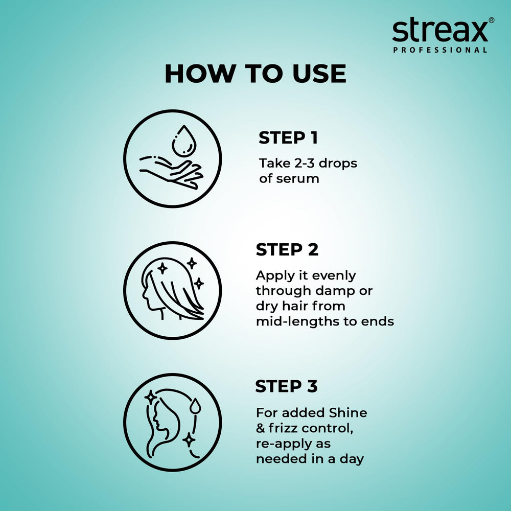 Streax Professional Vitariche Gloss Serum damp hair application demonstrates versatile use
