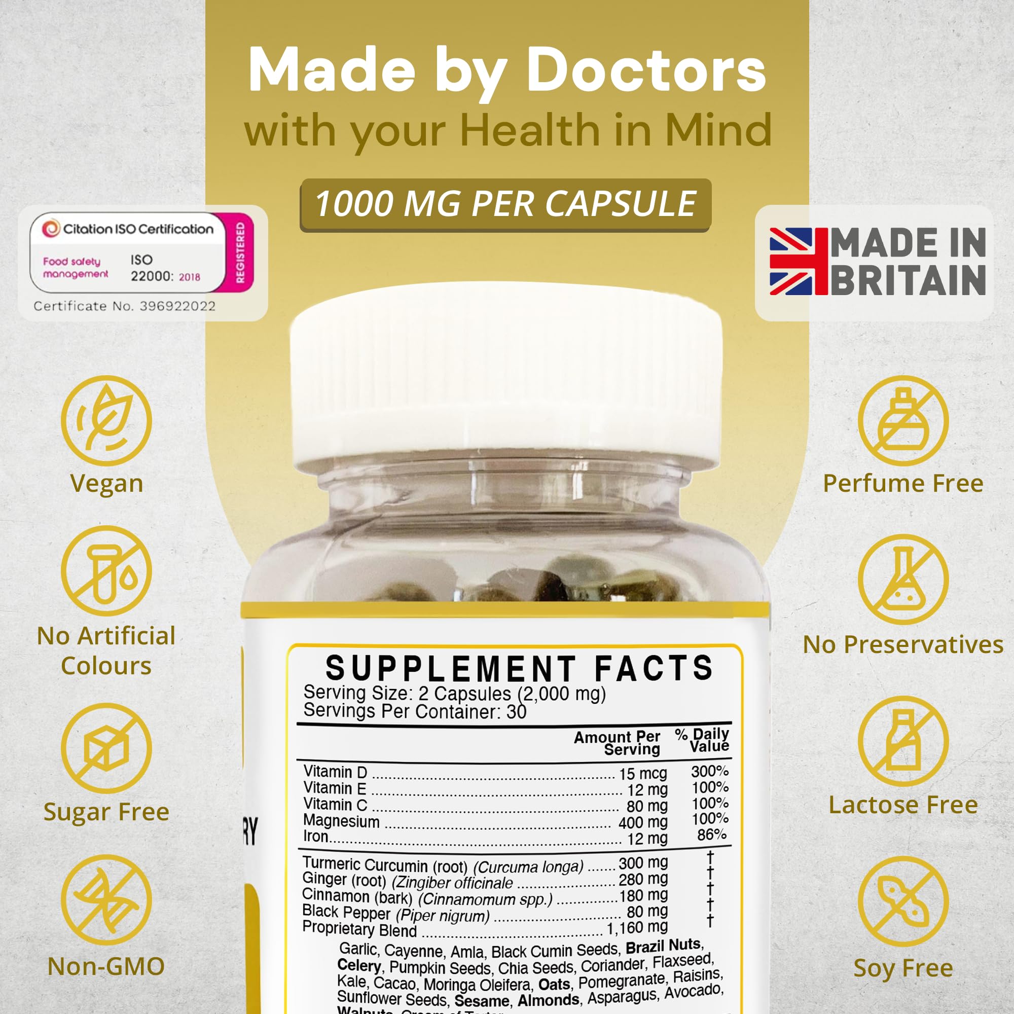 Close-up of 28-ingredient blend including turmeric and ginger