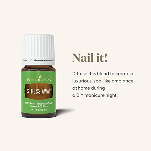 Ingredients of Stress Away blend including copaiba, lime, cedarwood, vanilla, ocotea, and lavender