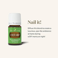 Ingredients of Stress Away blend including copaiba, lime, cedarwood, vanilla, ocotea, and lavender