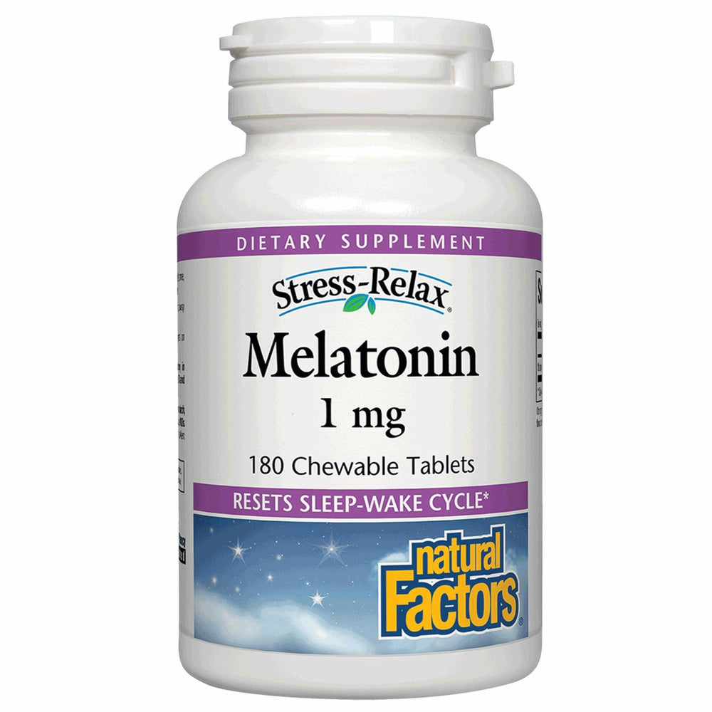 Front view of Stress-Relax Melatonin 1 mg peppermint chewables bottle, 180 servings
