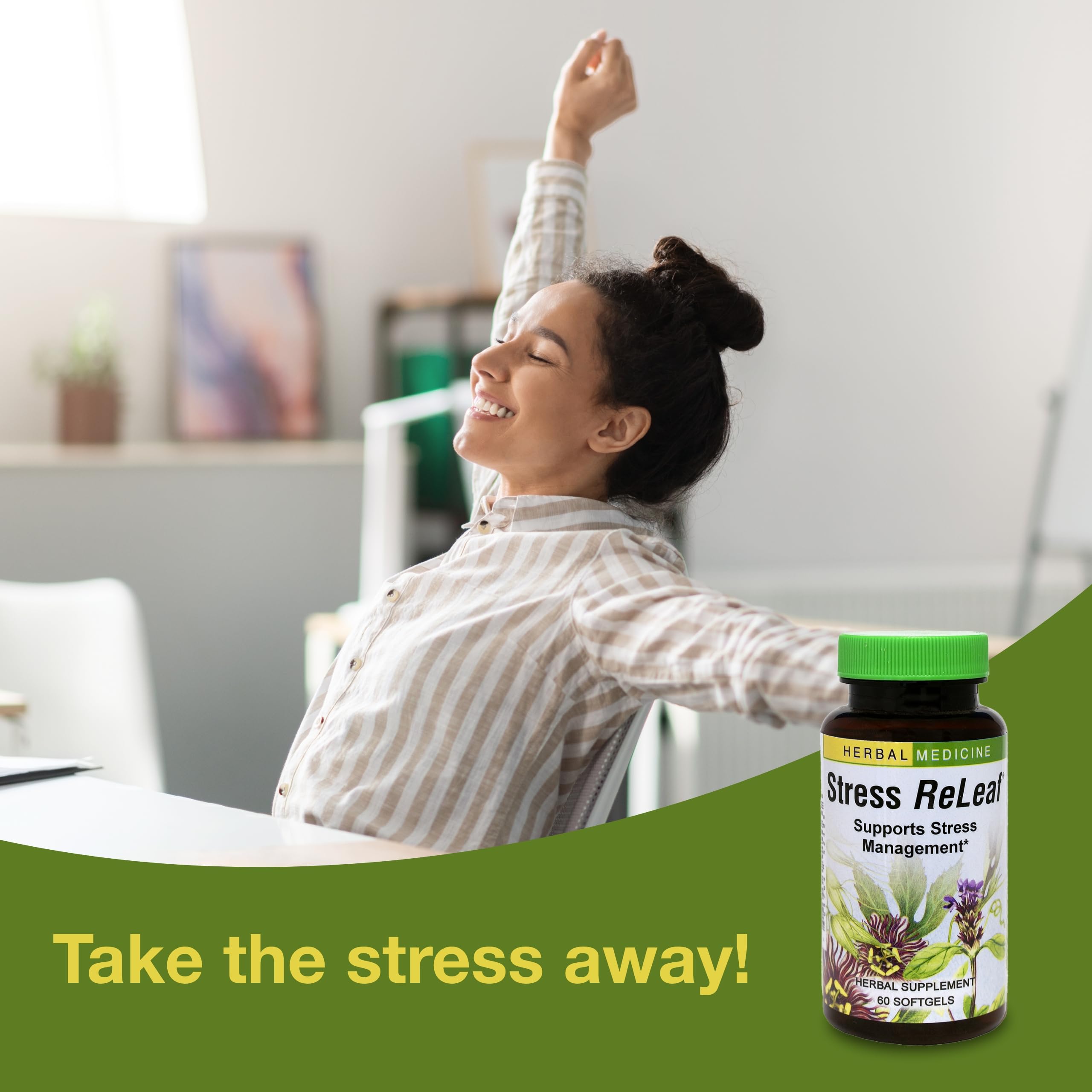 Stress ReLeaf packaging and bottle on countertop