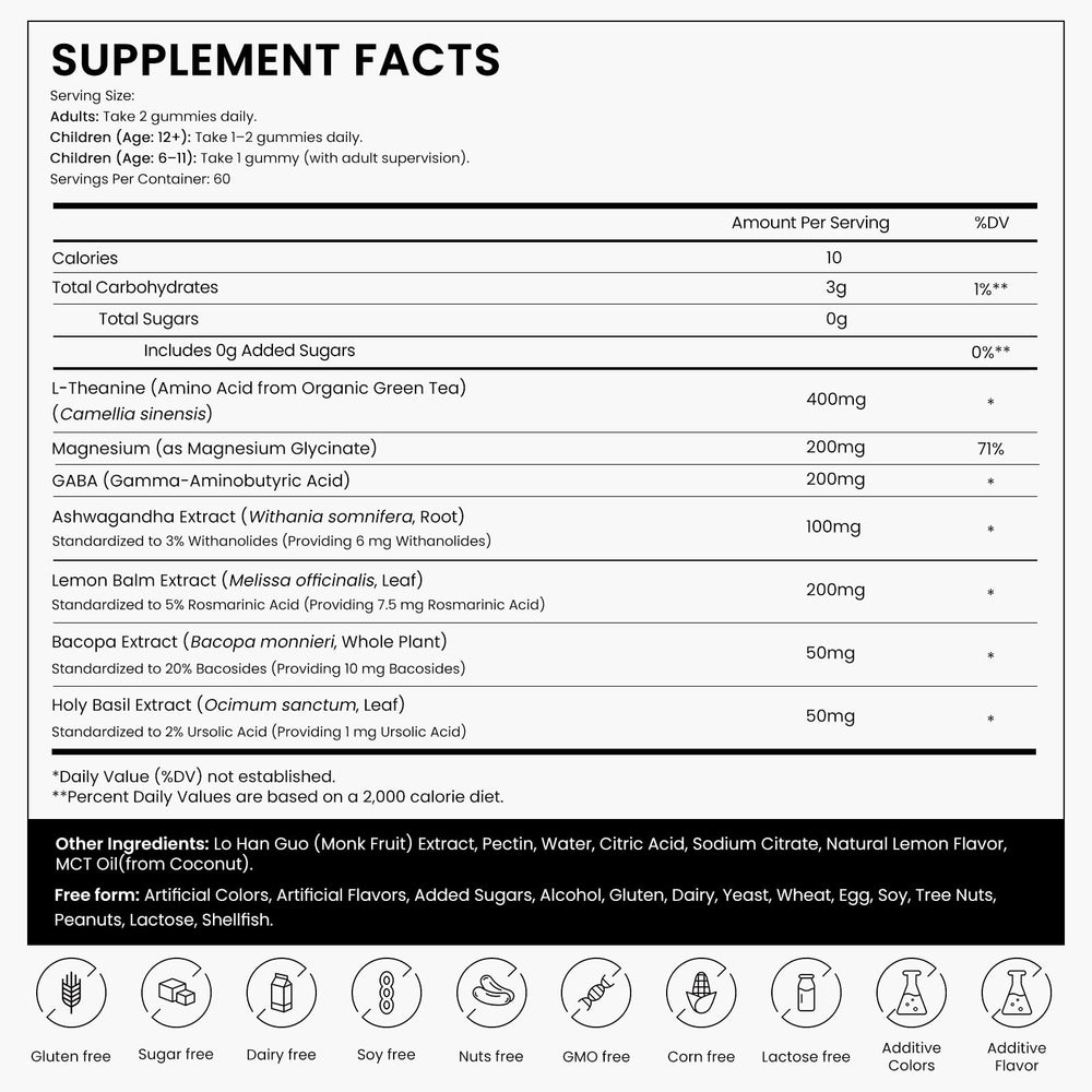 Multi-herb blend featuring GABA, Ashwagandha, Lemon Balm, Bacopa, and Holy Basil