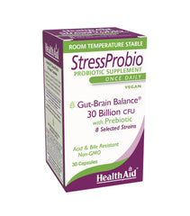 HealthAid StressProbio bottle label showing 30 capsules and 30B CFU