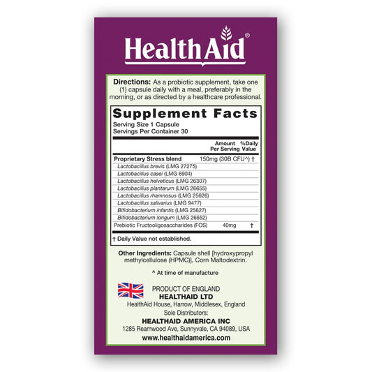 Close-up of StressProbio product bottle label and branding