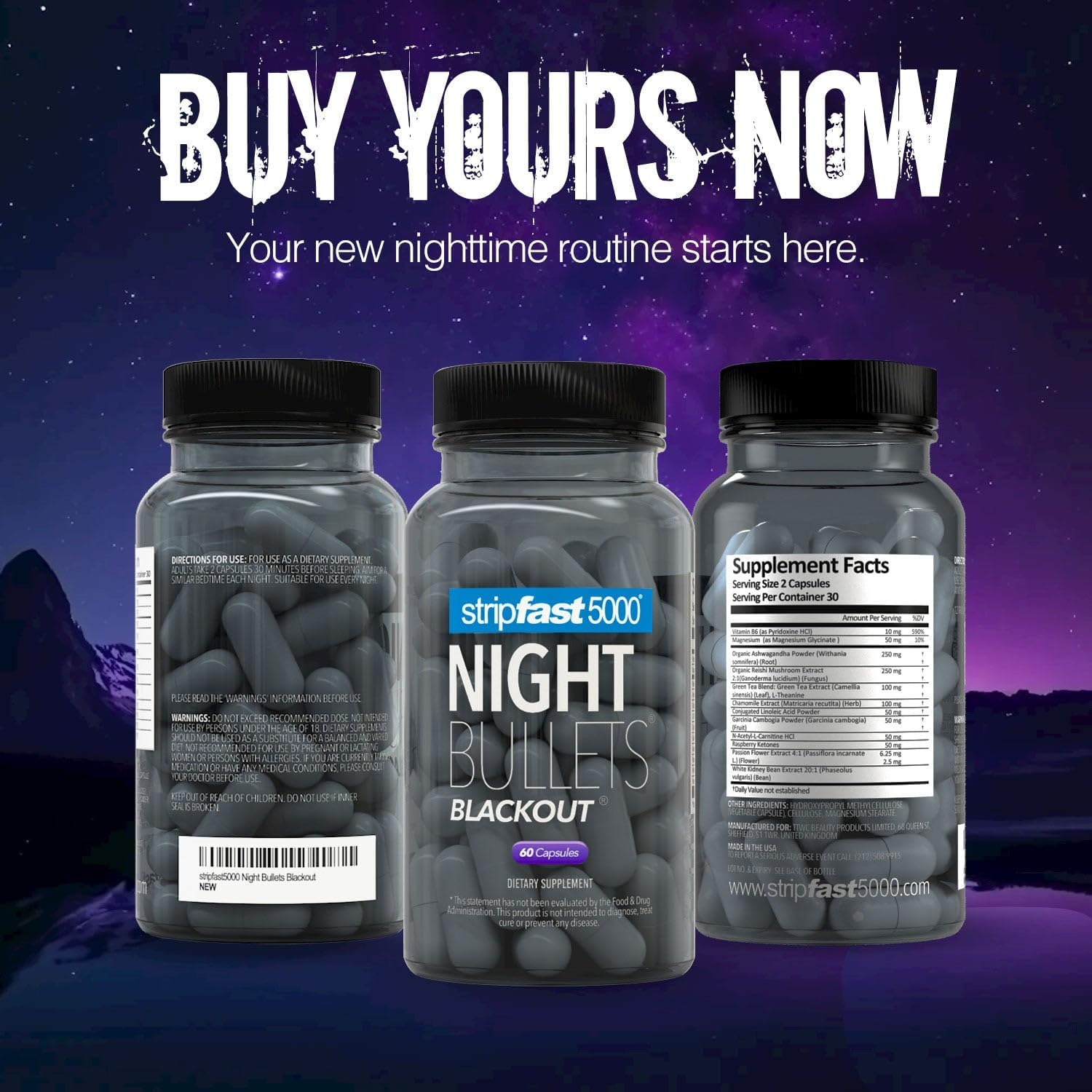 Stripfast5000 Night Bullet Capsules product box and bottle