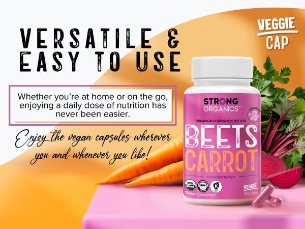 Close-up of vegan capsules with beet and carrot content