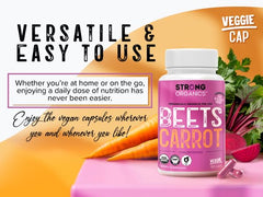 Close-up of vegan capsules with beet and carrot content