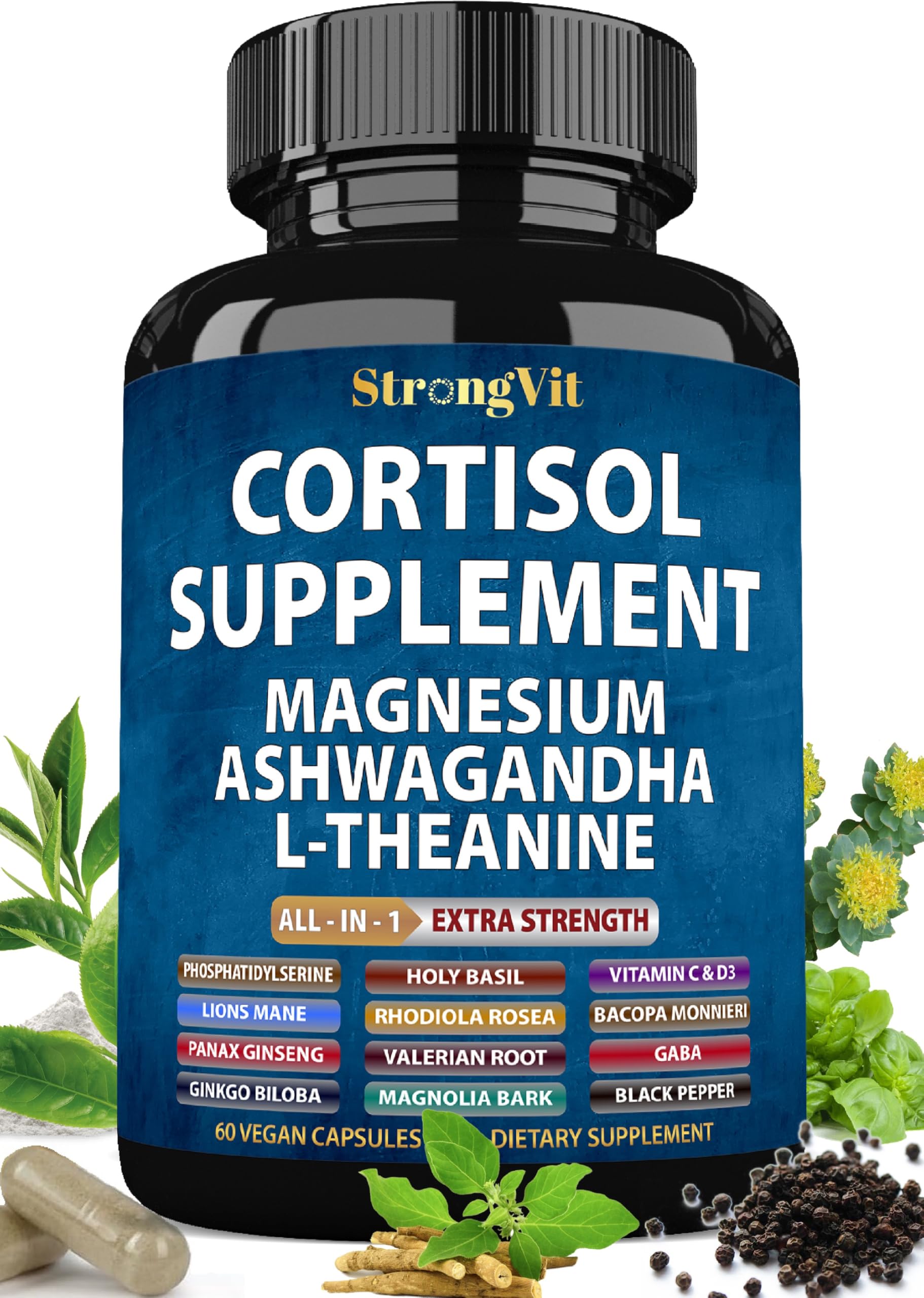 StrongVit cortisol supplement bottle featuring magnesium, ashwagandha and L-Theanine on label