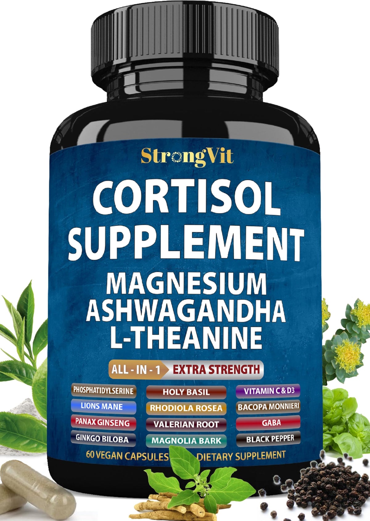 StrongVit cortisol supplement bottle featuring magnesium, ashwagandha and L-Theanine on label