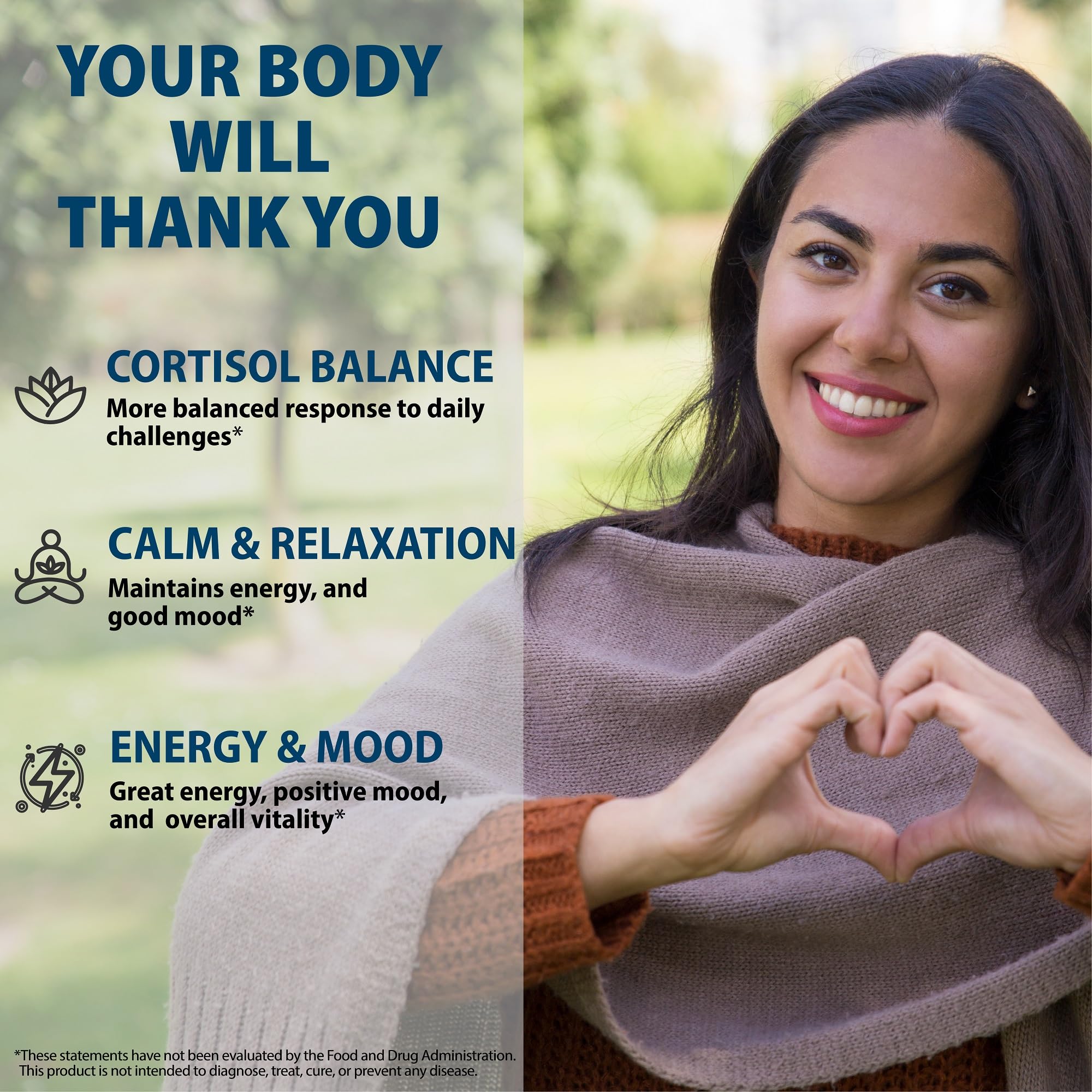 Holistic cortisol support graphics with adaptogens like Lion's Mane and Rhodiola