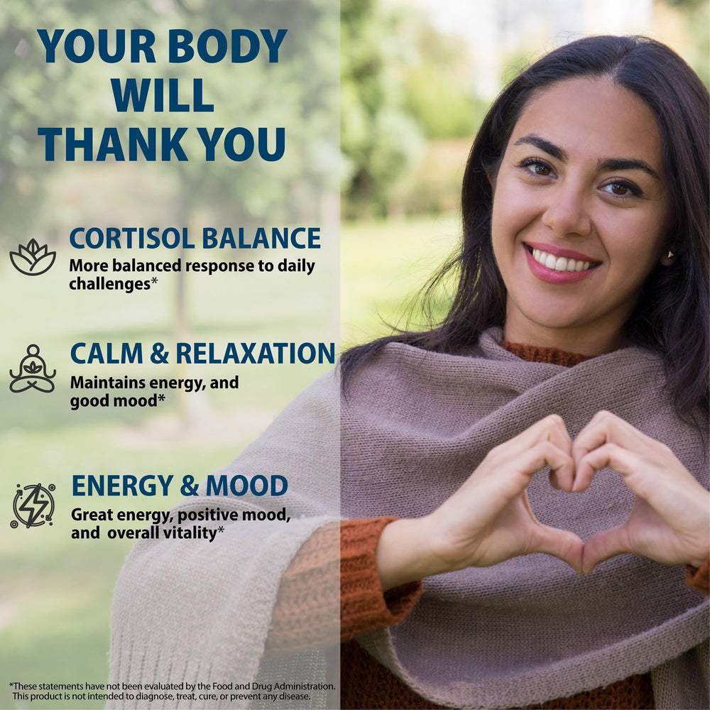 Holistic cortisol support graphics with adaptogens like Lion's Mane and Rhodiola
