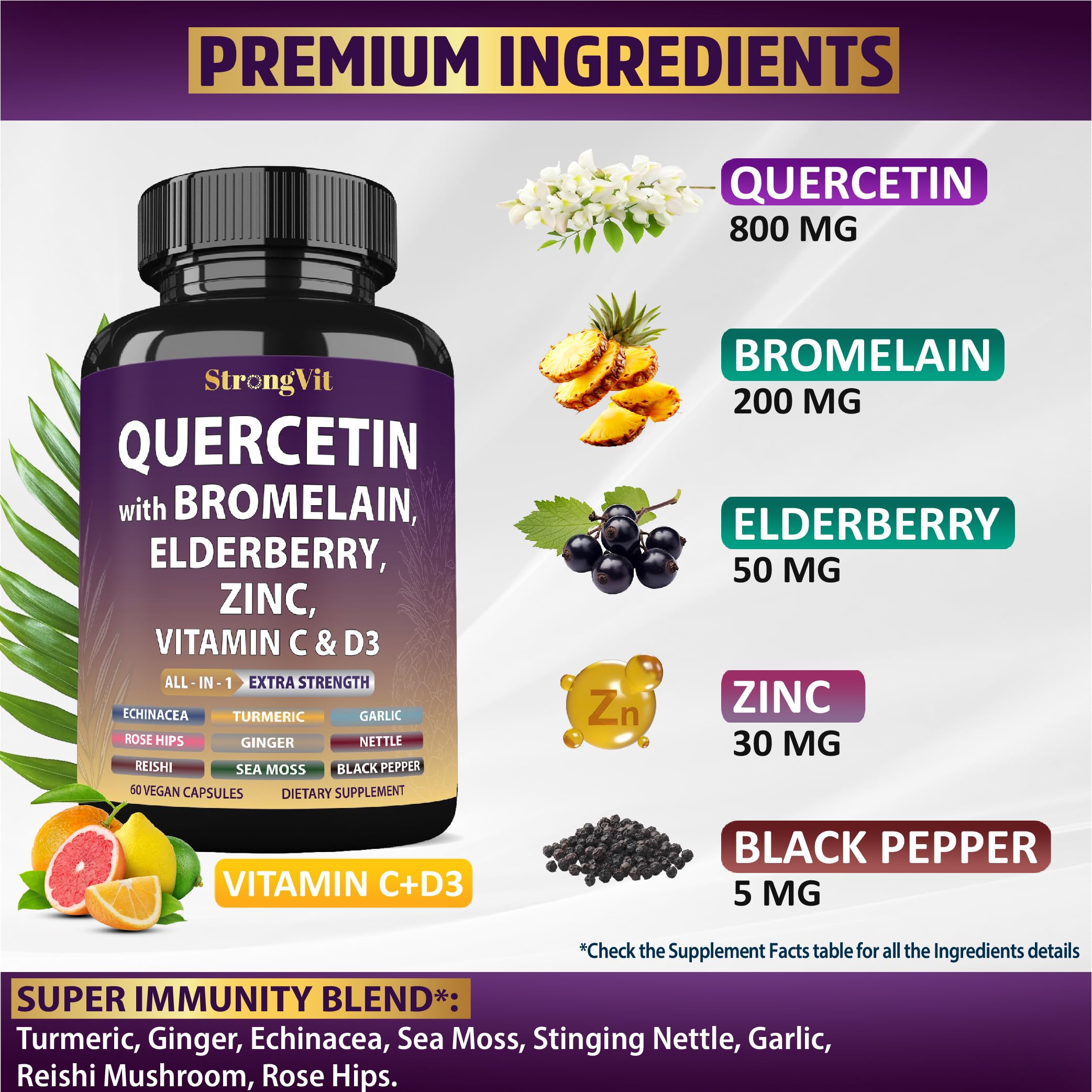 Label highlighting ingredients: quercetin, bromelain, vitamin C and D3