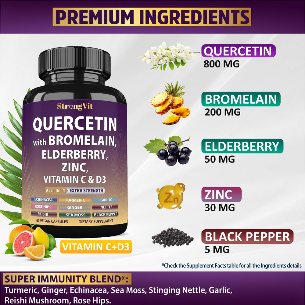 Label highlighting ingredients: quercetin, bromelain, vitamin C and D3