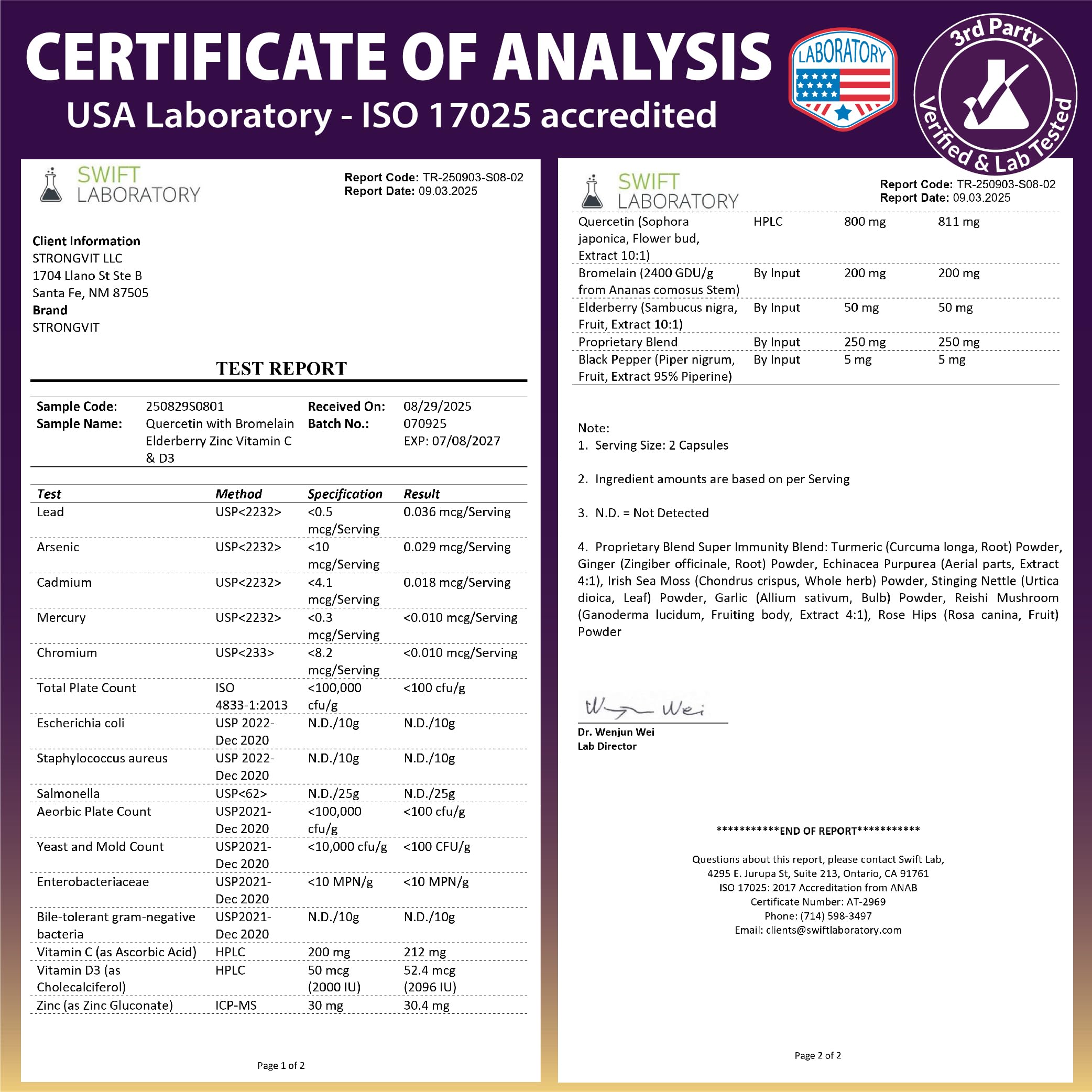 Third-party lab testing seal indicating USA purity