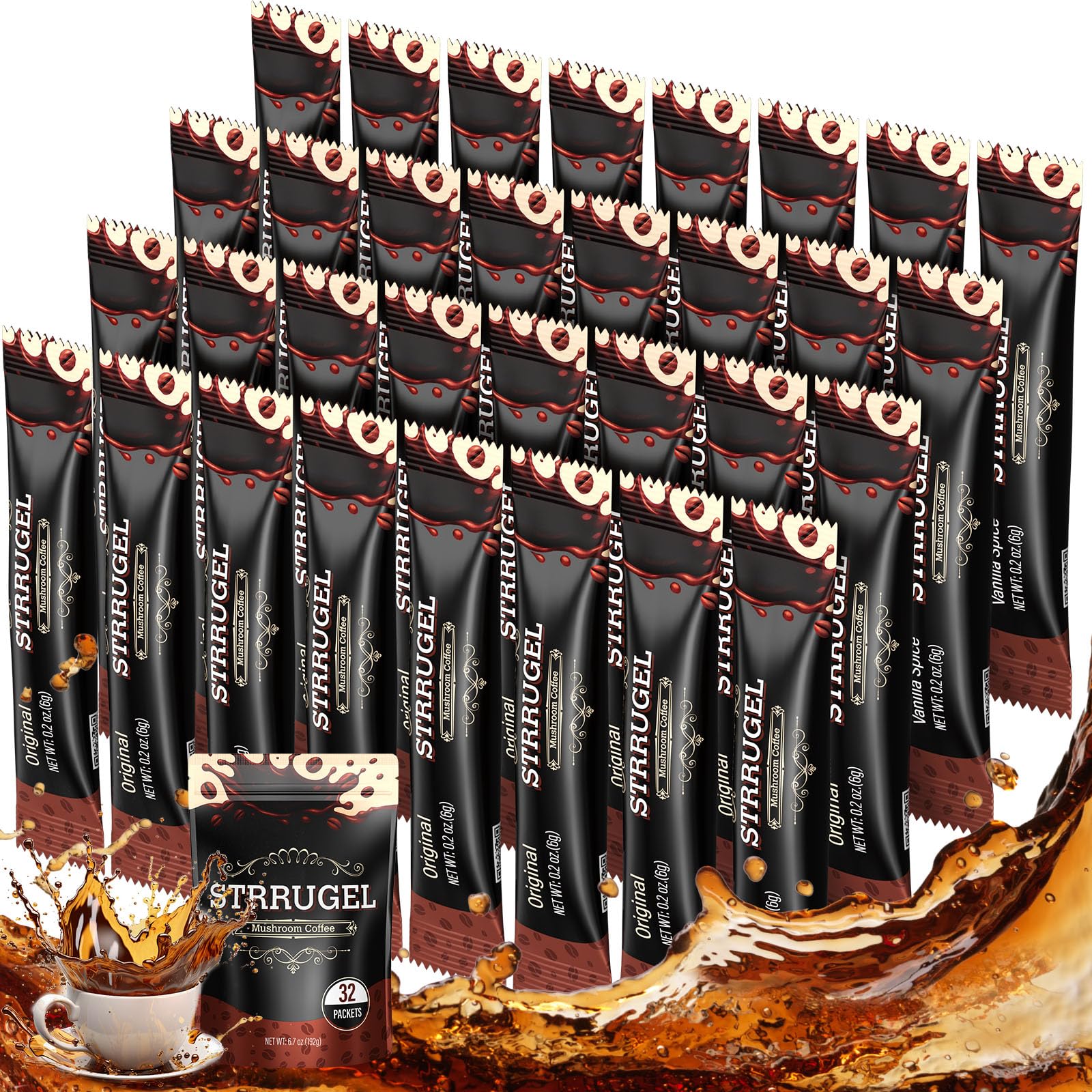 Front view of Strrugel Organic Mushroom Coffee box with 32 servings