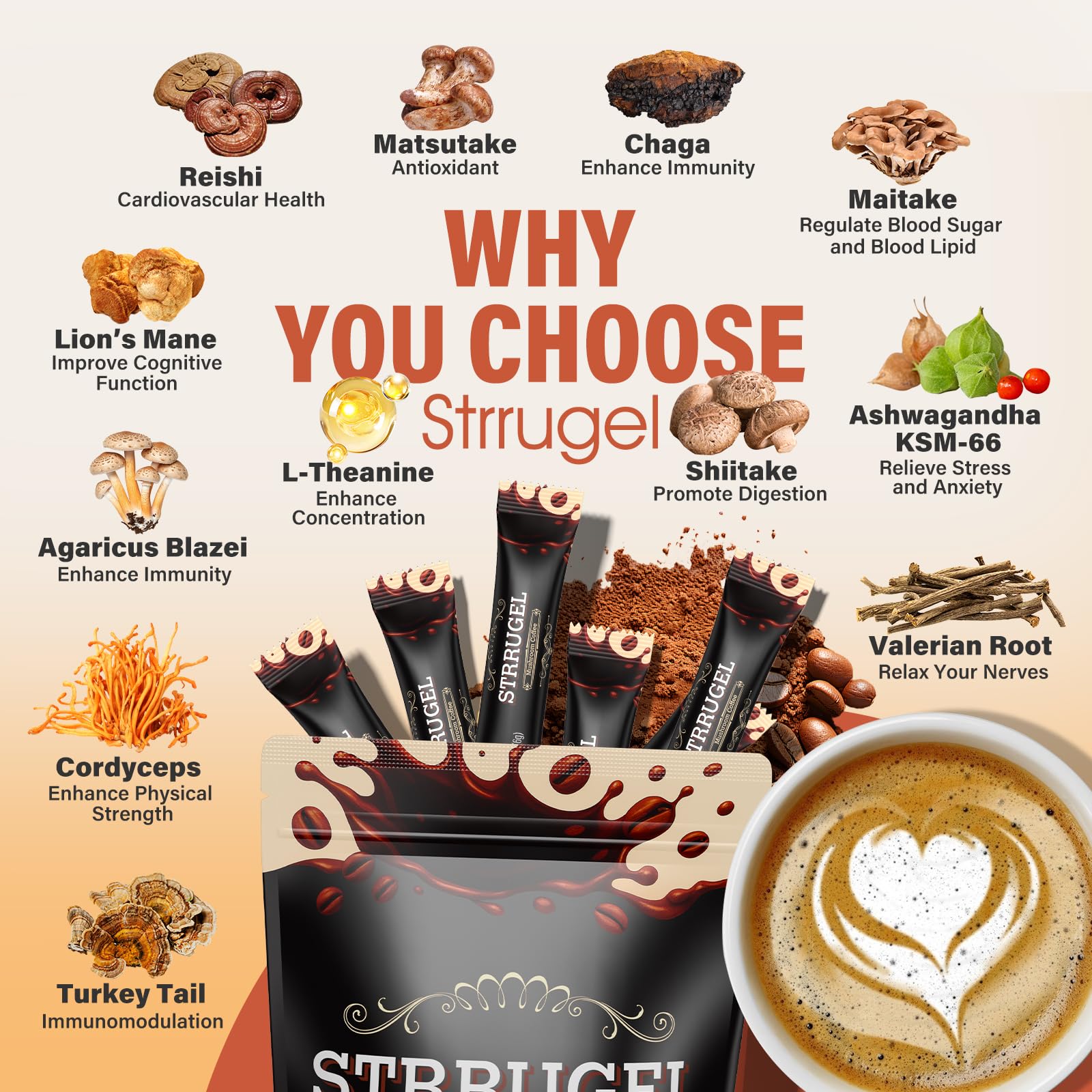 Strrugel steaming cup of mushroom coffee highlighting aroma and warmth.