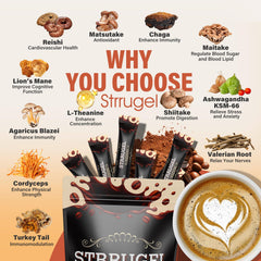 Strrugel steaming cup of mushroom coffee highlighting aroma and warmth.