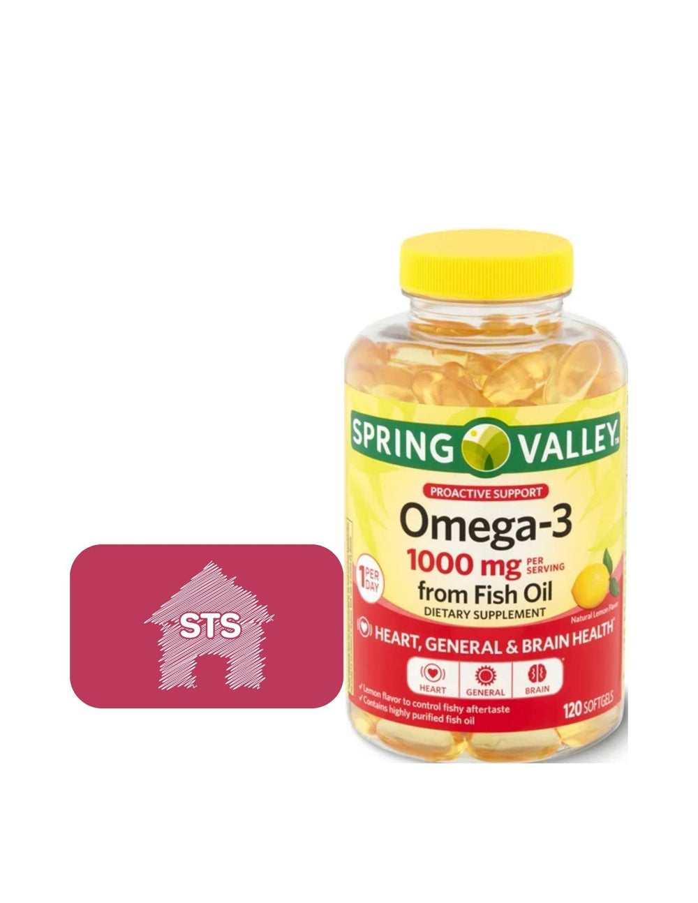 STS Home Spring Valley Omega-3 bottle with softgels for heart and brain support.