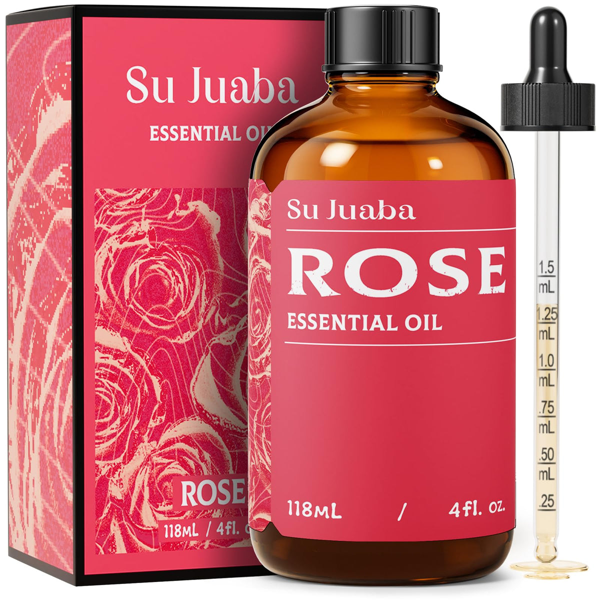 SU JUABA Rose Essential Oil 4oz amber glass bottle