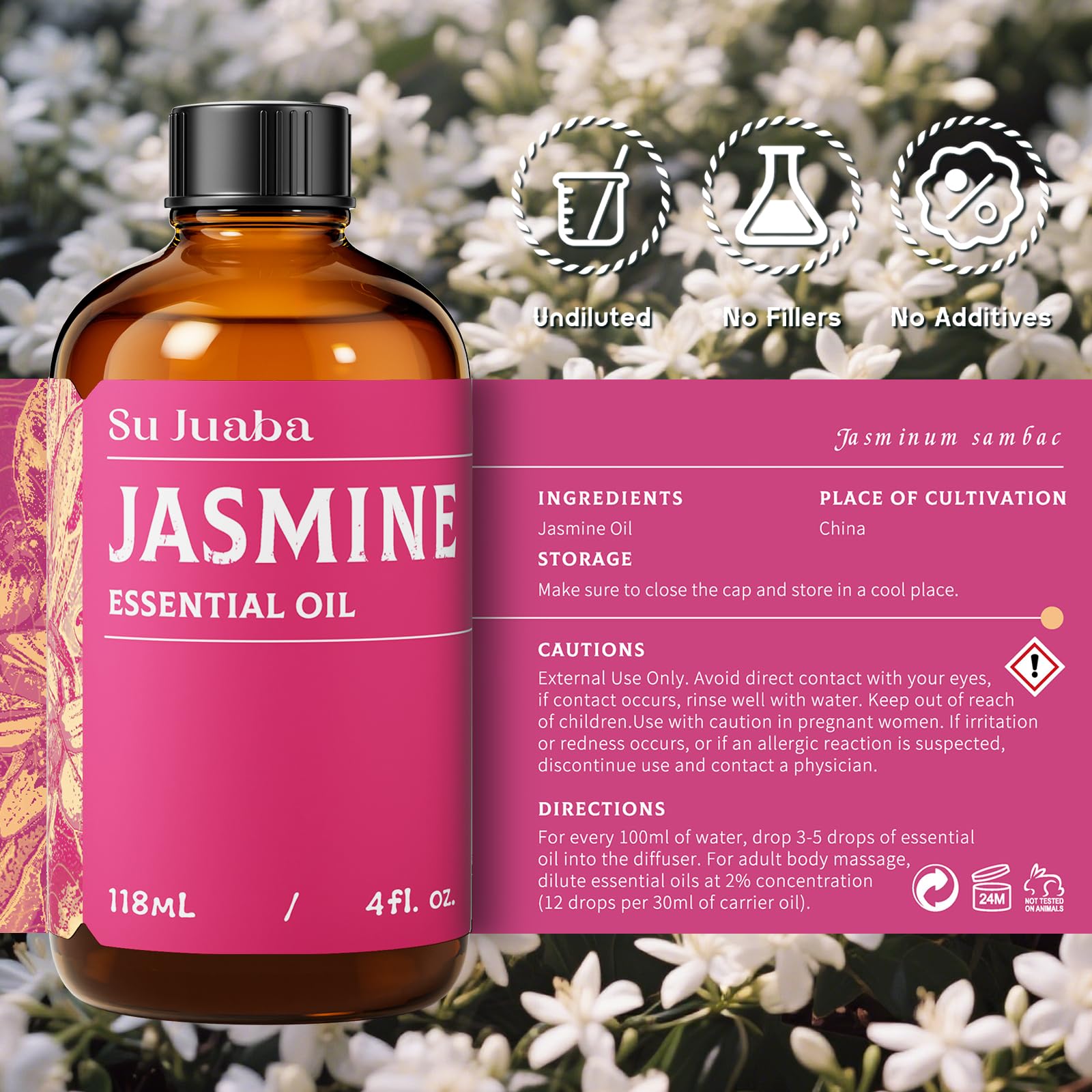 Amber glass bottle packaging of SU JUABA Jasmine Essential Oil