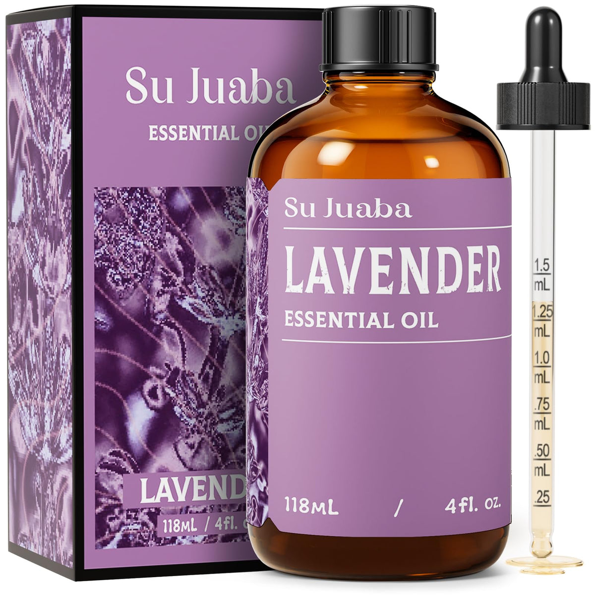 SU JUABA Lavender Essential Oil in amber bottle with dropper