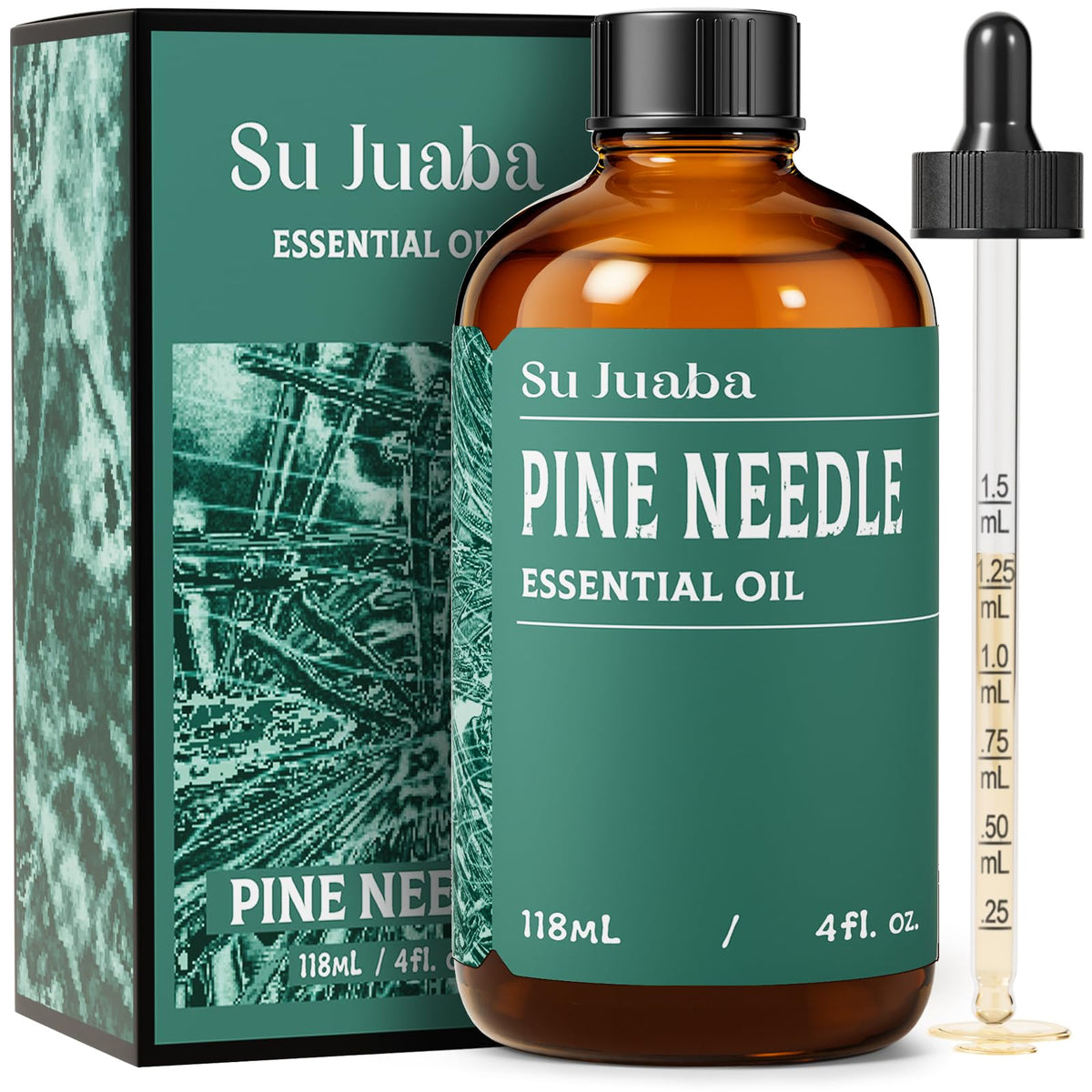 Pine Needle Essential Oil bottle with amber glass and dropper