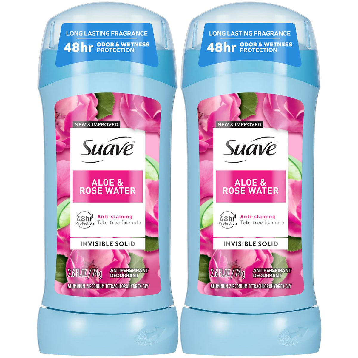 Suave Aloe & Rosewater 2-pack bundle showing fresh scent and everyday protection