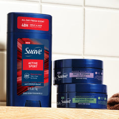 Close-up of ingredients label on Suave Barber Essentials item.